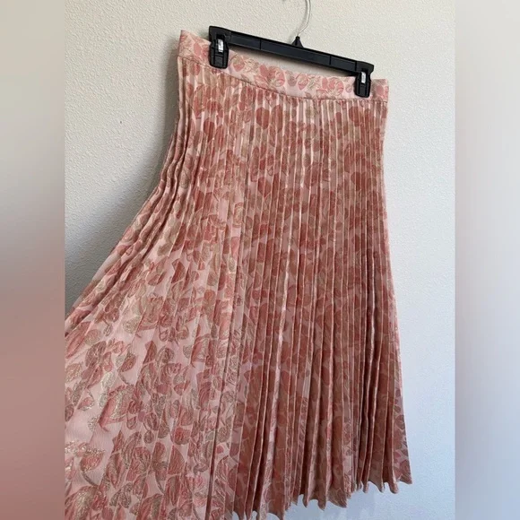 Kate Spade Pink Floral Pleated Midi Skirt Metallic Shimmer Size 10 - Picture 7 of 9